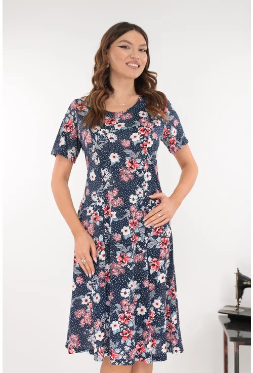 Rochie bleumarin in clini cu print floral rosu-gri