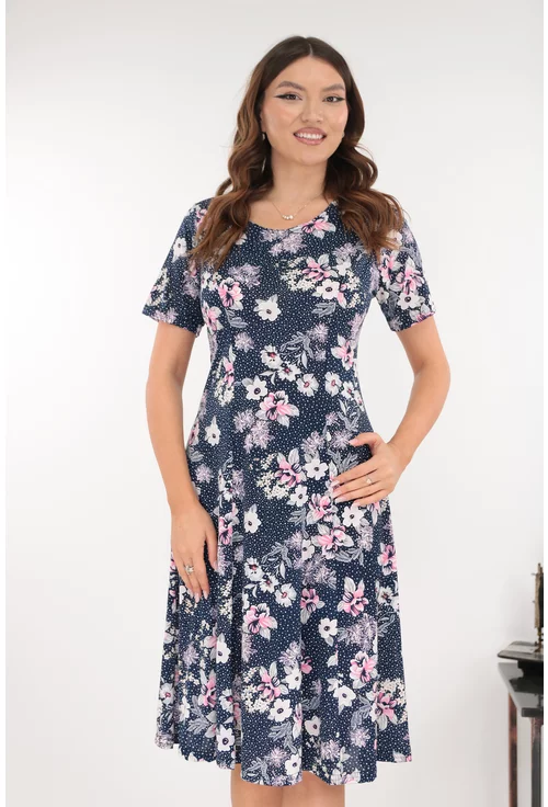 Rochie bleumarin in clini cu print floral roz-gri