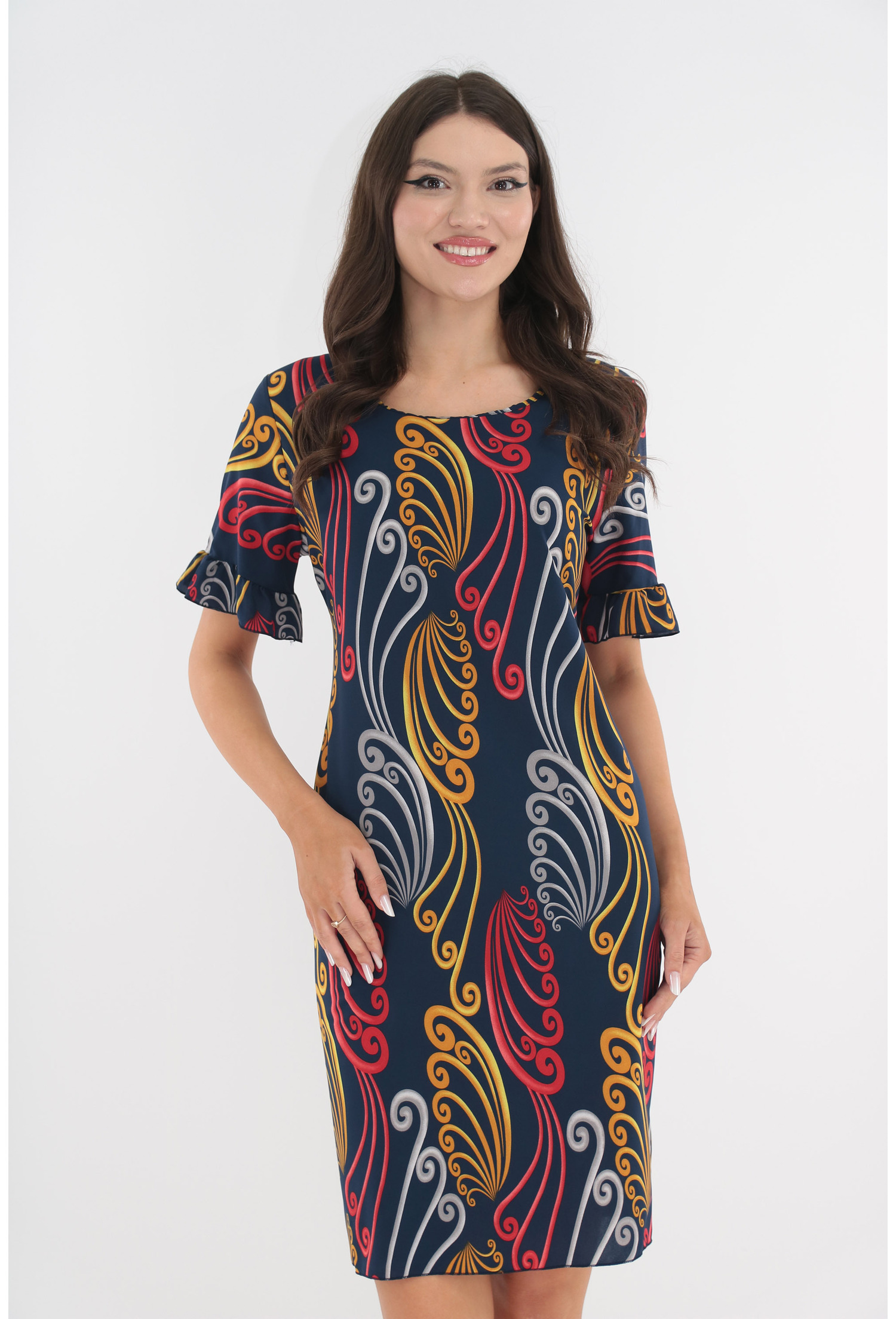 Rochie casual bleumarin cu print abstract rosu-mustar