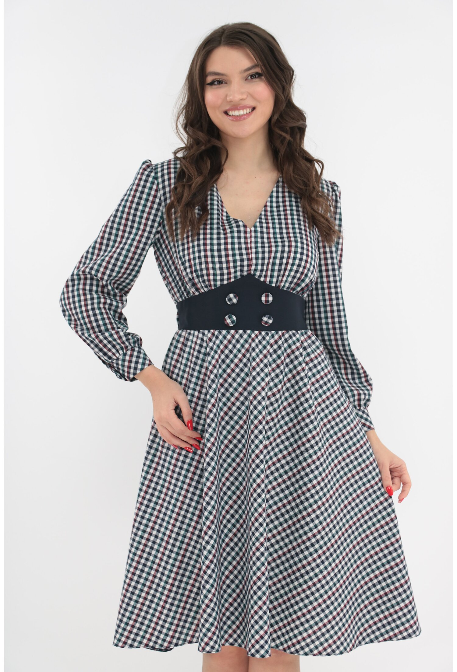 Rochie clos cu imprimeu in carouri bleumarin si albe
