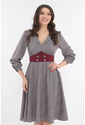 Rochie clos cu imprimeu in carouri bordo-bleumarin