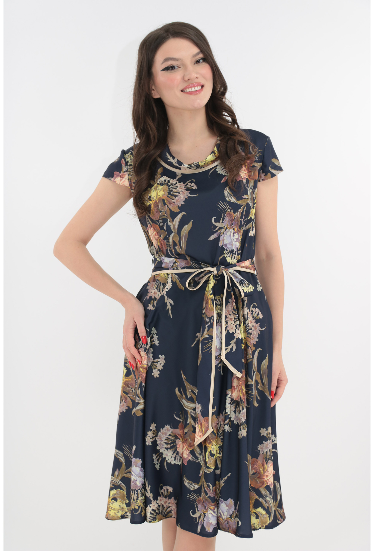 Rochie clos din satin bleumarin cu print floral