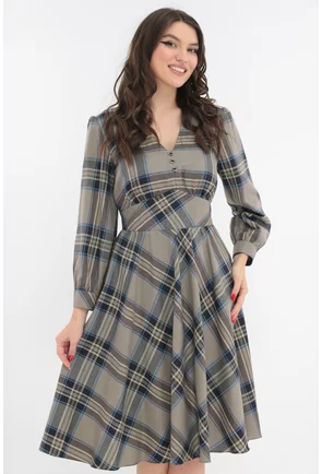 Rochie clos olive cu imprimeu in carouri maxi