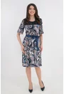 Rochie cu print abstract bej si dantela bleumarin