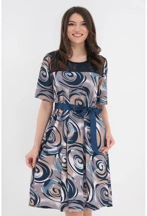 Rochie cu print abstract bej si dantela bleumarin