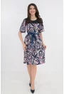 Rochie cu print abstract ciclamen si dantela bleumarin