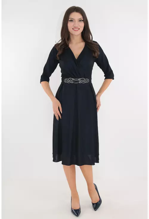 Rochie de ocazie bleumarin cu pliuri si strasuri in talie