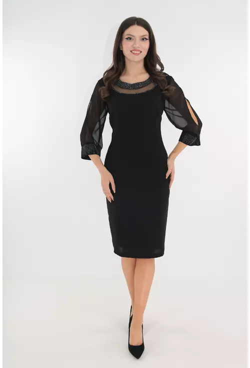 Rochie de ocazie neagra cu strasuri la decolteu si maneci