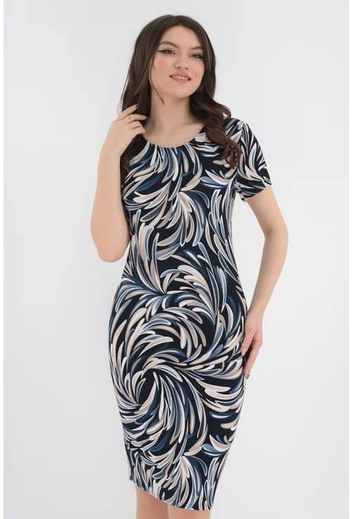 Rochie de zi bleumarin cu imprimeu abstract crem