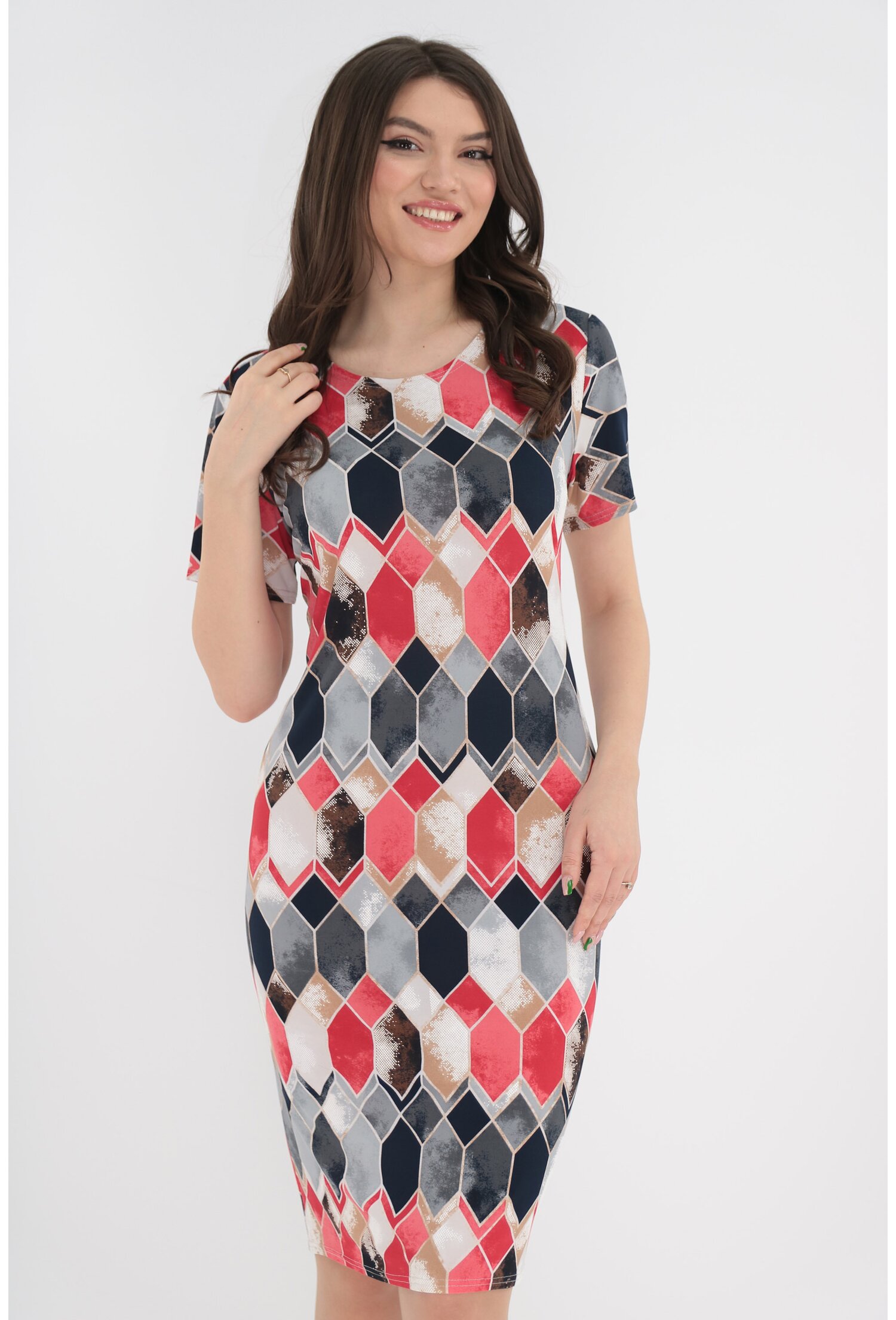 Rochie de zi cu print geometric corai-gri - Rochii-Dama.ro