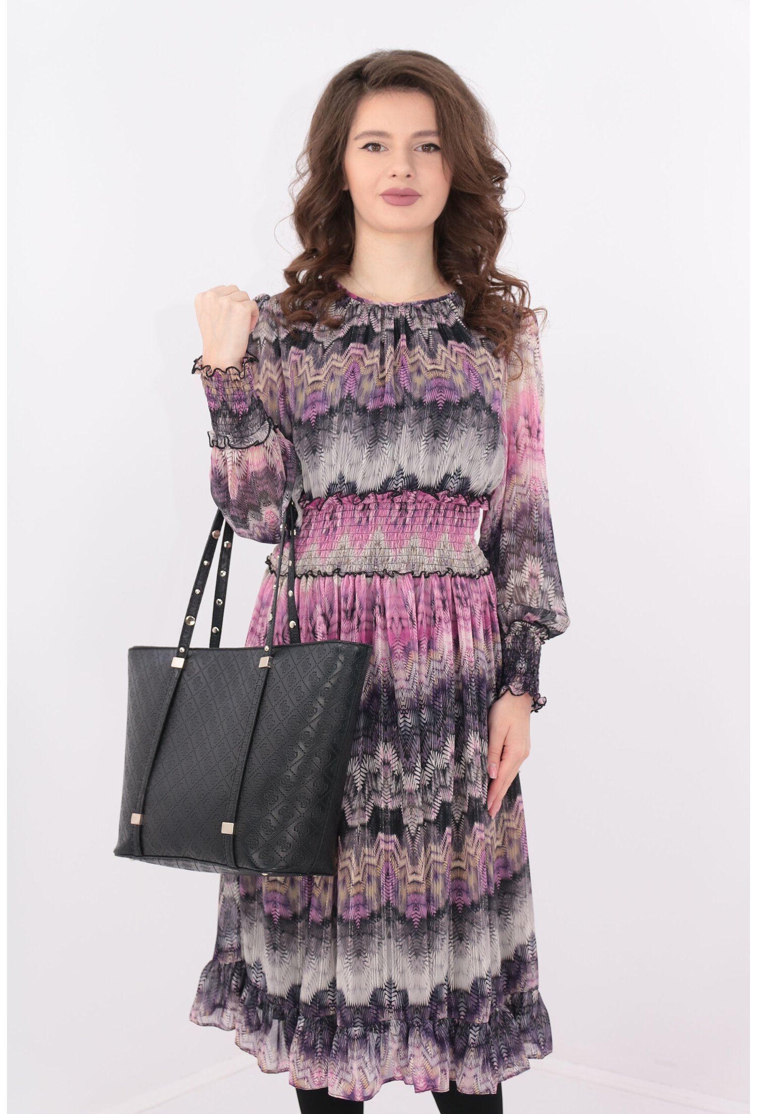 Rochie de zi din voal cu print zig-zag