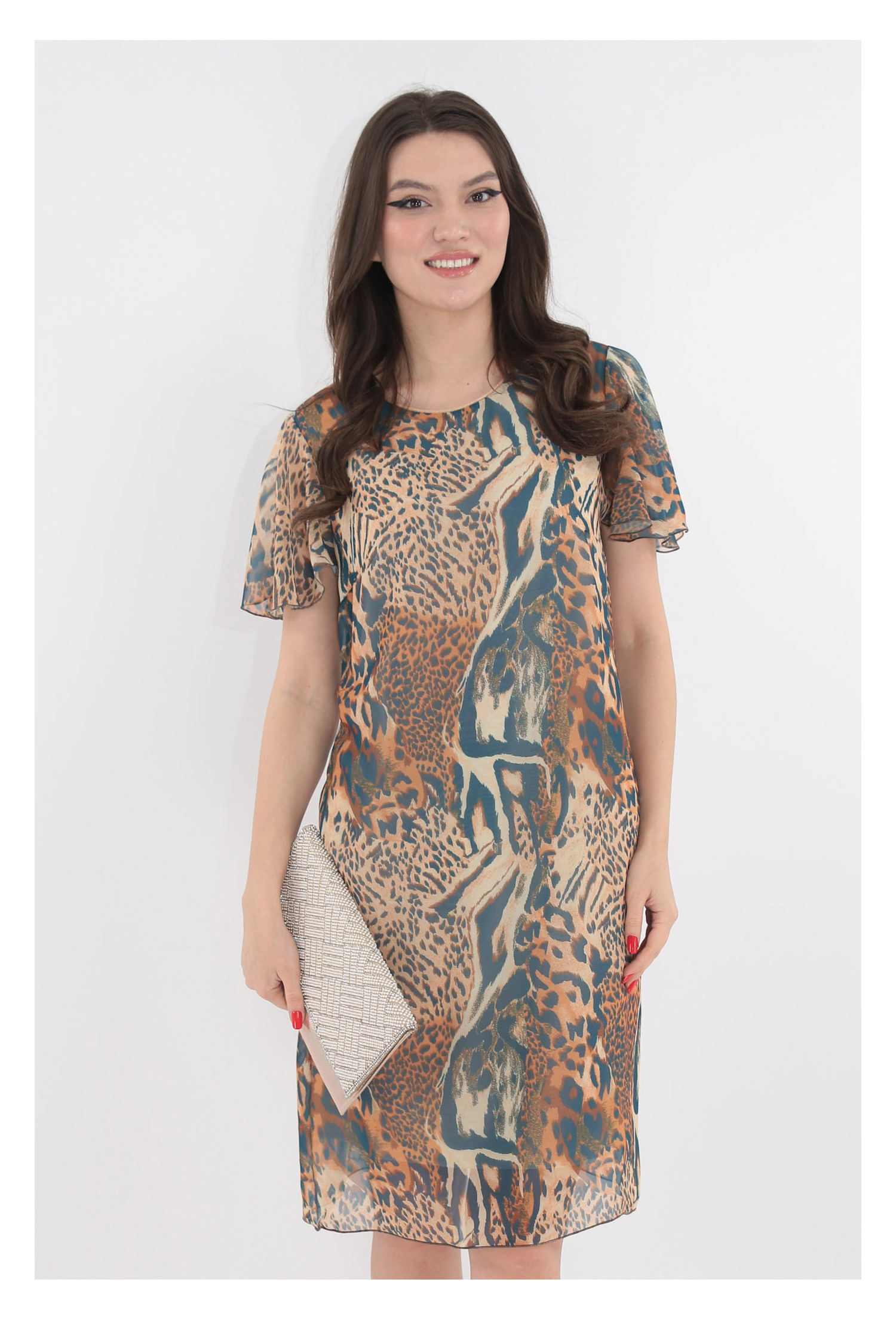 Rochie diafana din voal bej cu animal print - Rochii-Dama.ro