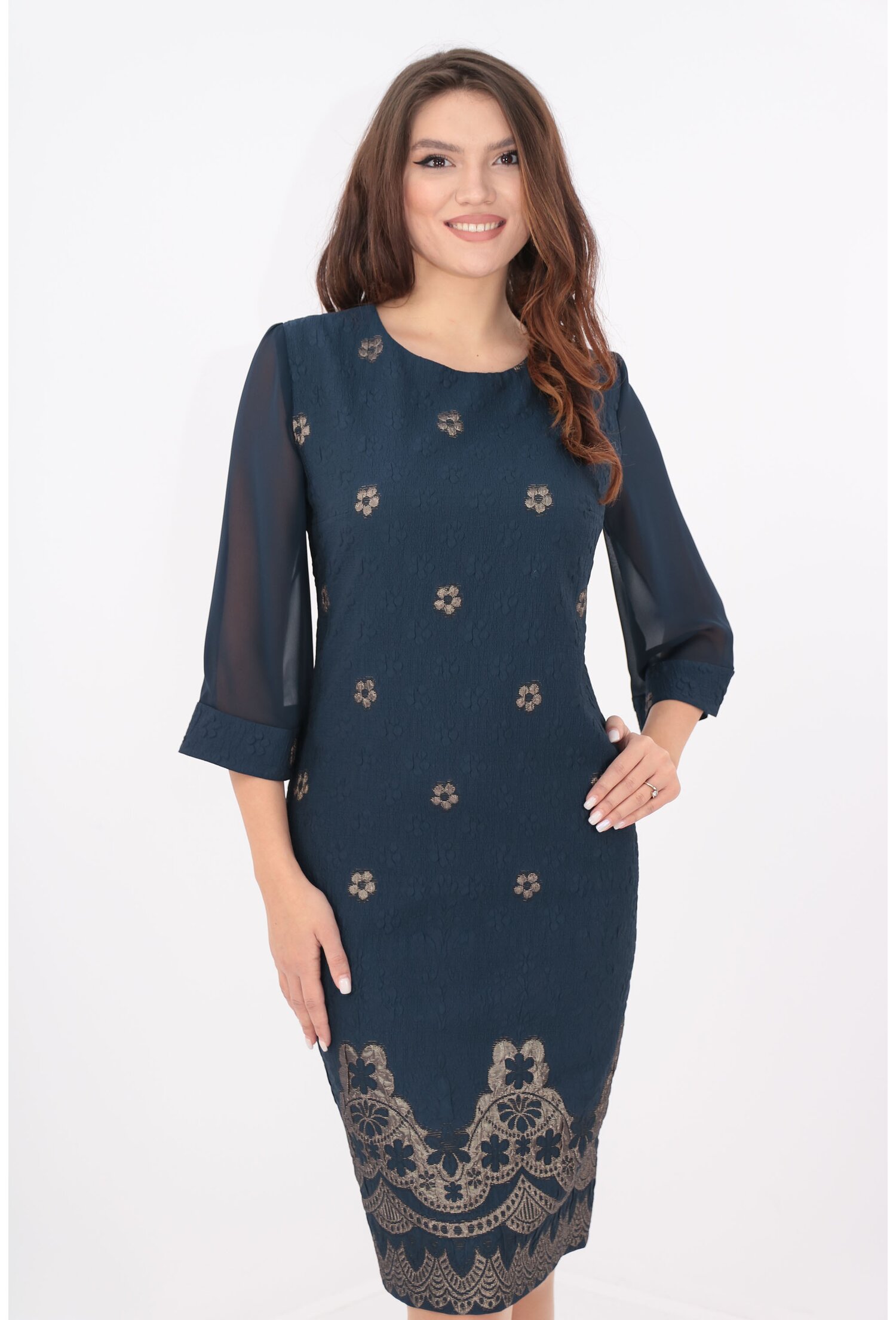 Rochie din brocard bleumarin cu maneci din voal