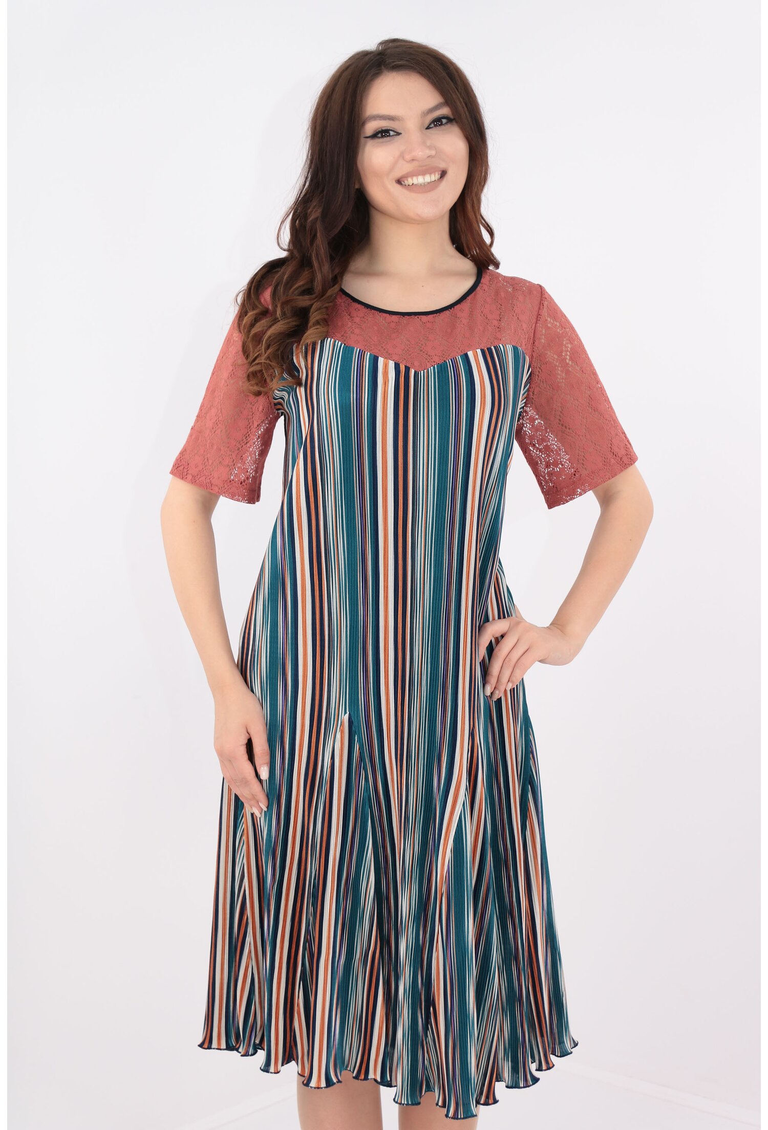 Rochie din matase plisata cu dantela caramizie