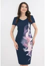 Rochie din stofa bleumarin cu print abstract roz