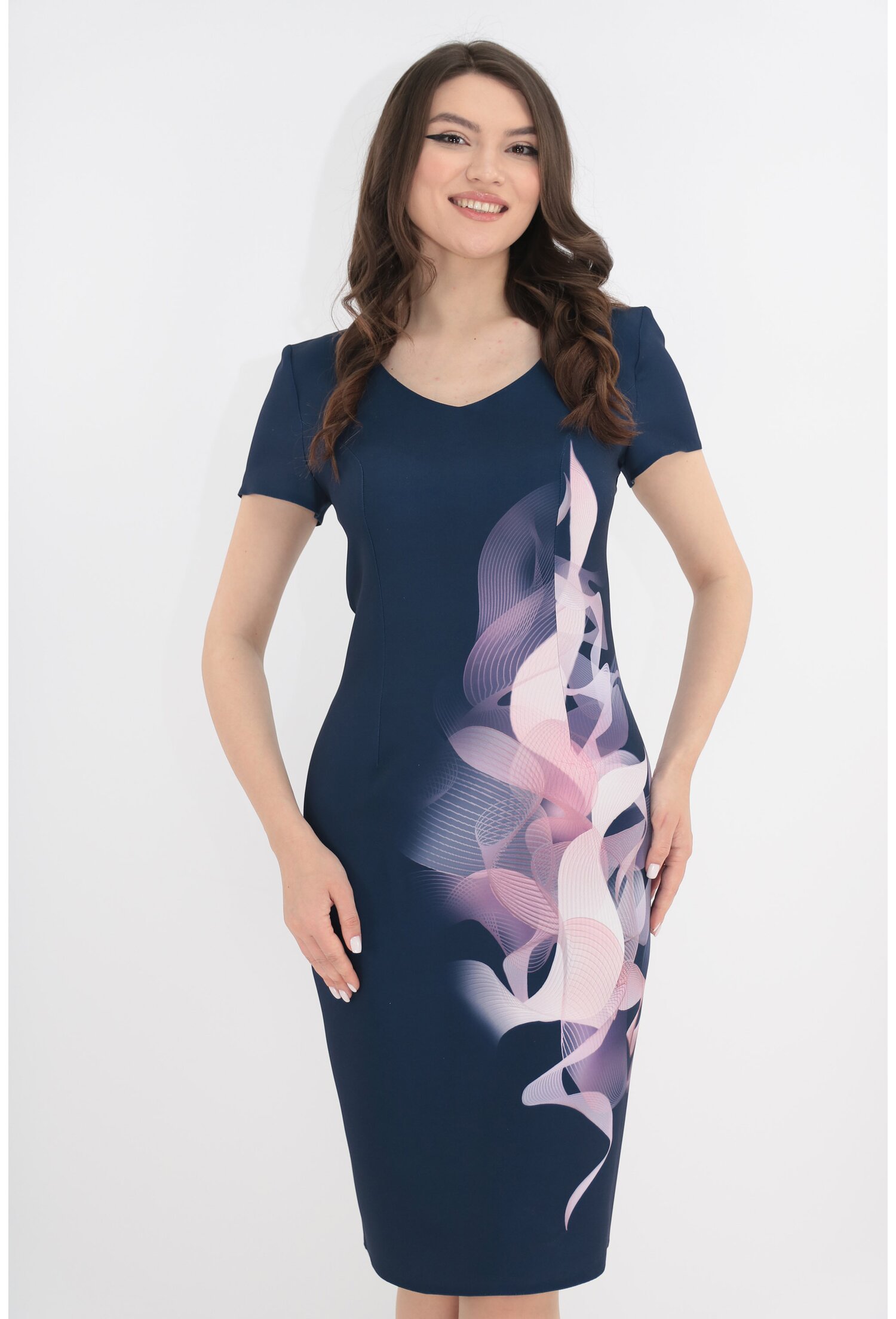 Rochie din stofa bleumarin cu print abstract roz