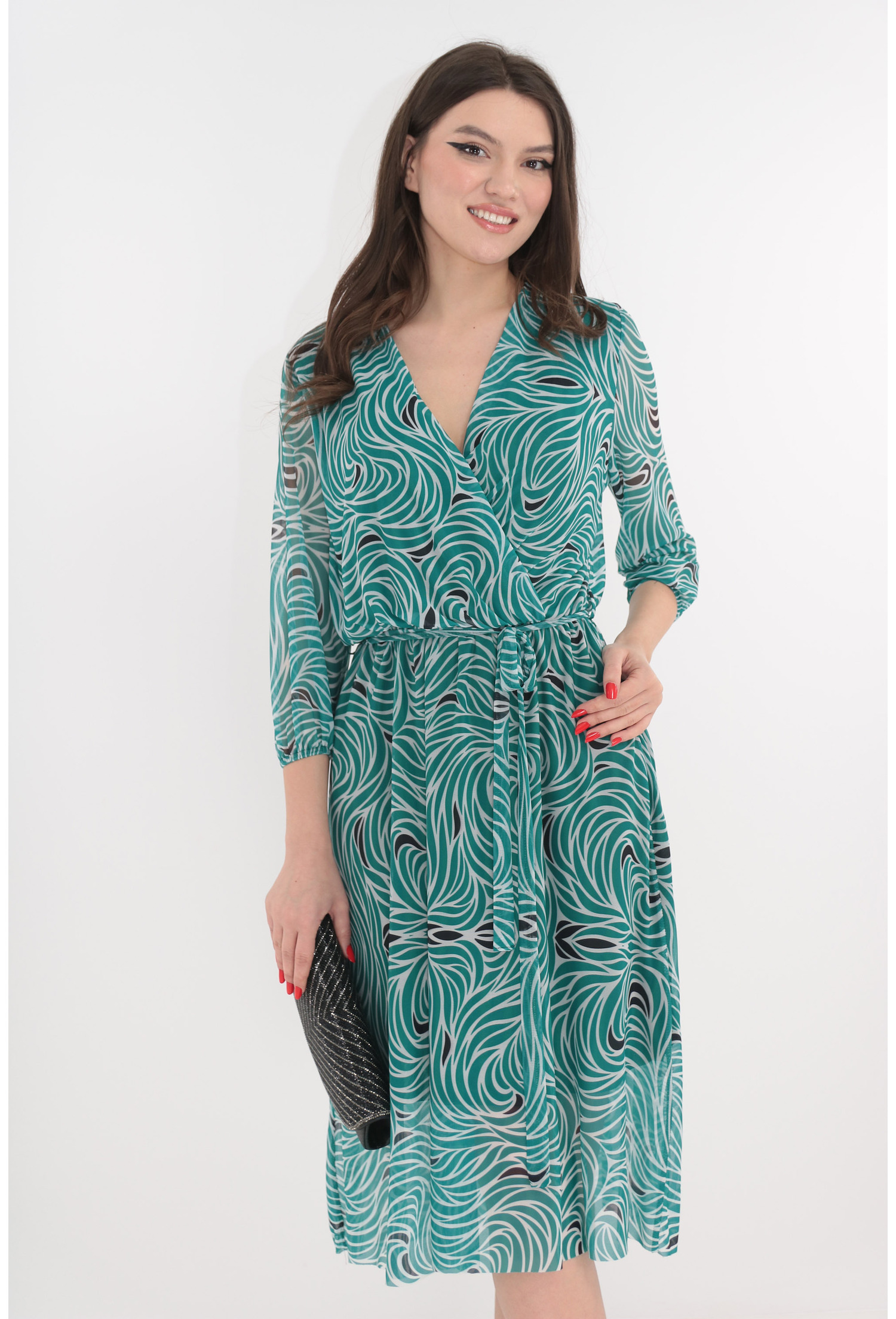 Rochie din tull cu print abstract verde-alb