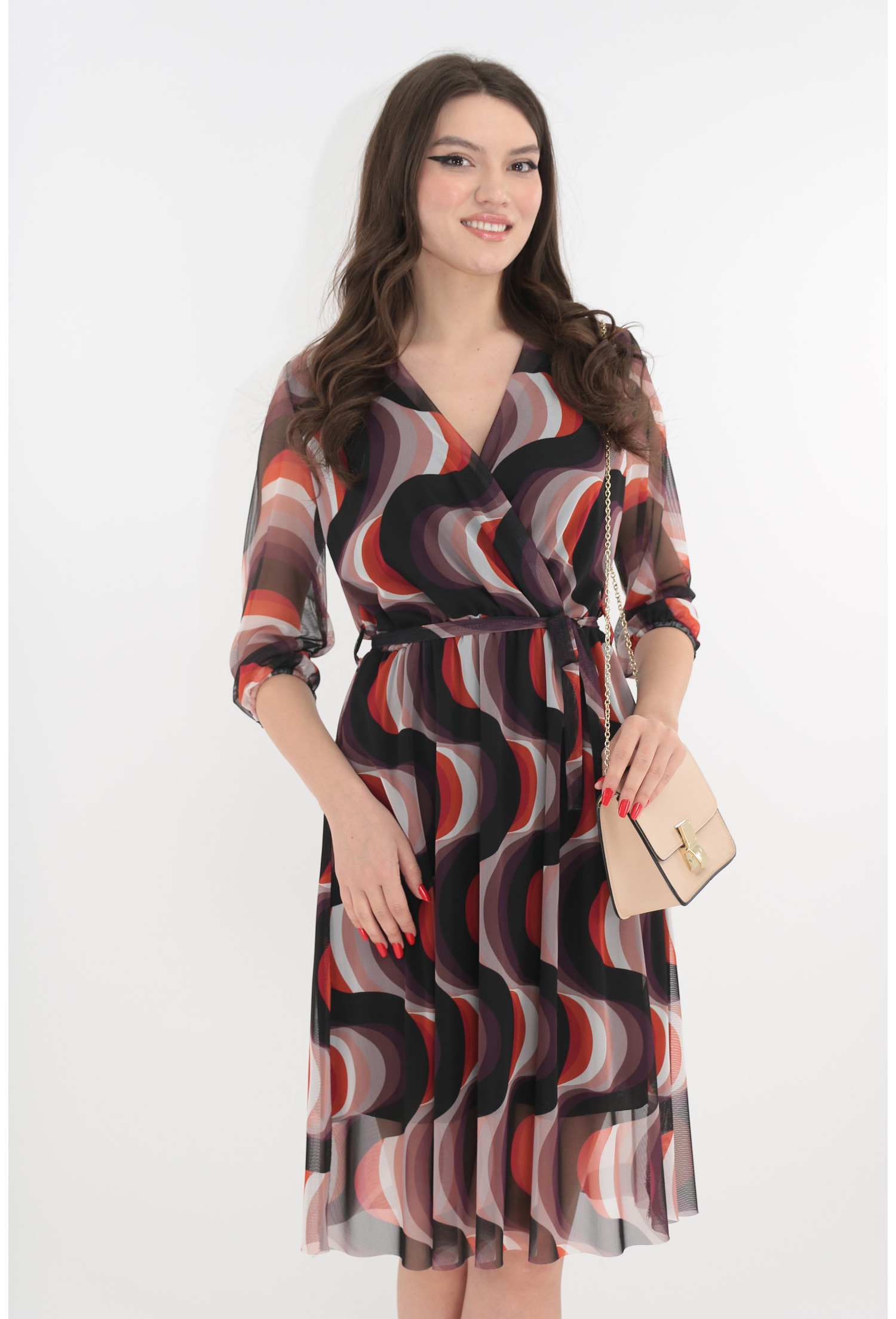 Rochie din tull cu print geometric negru-corai