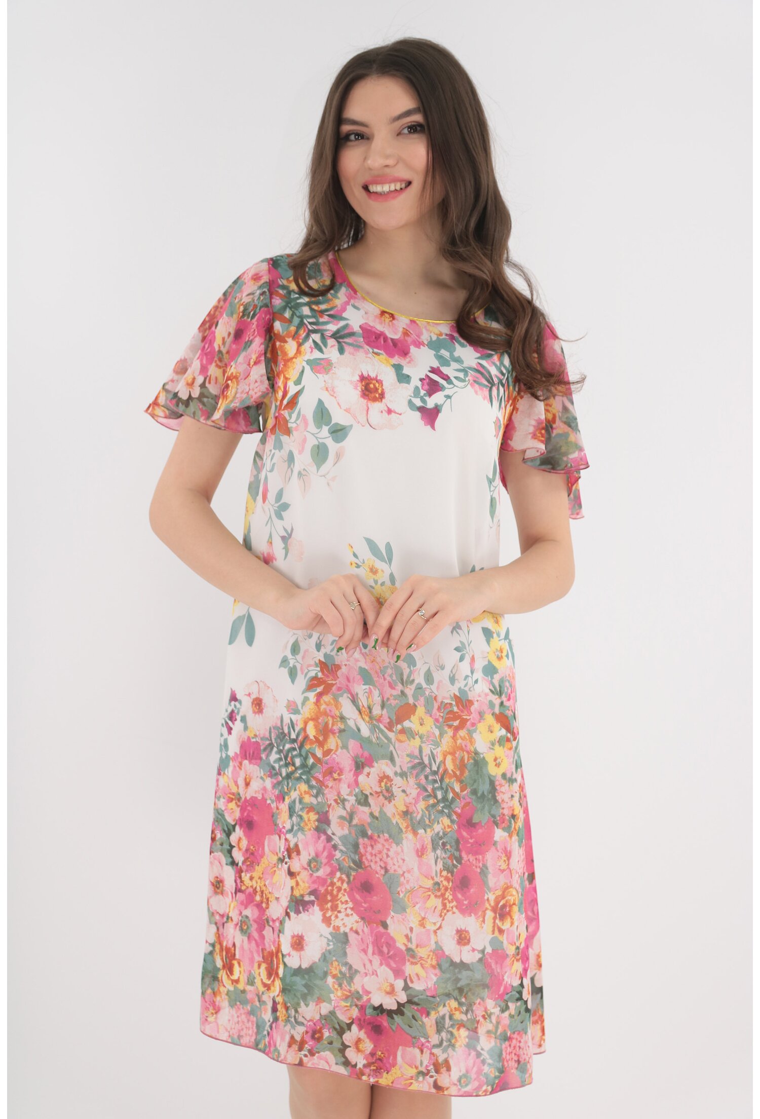Rochie din voal alb cu print floral maxi multicolor