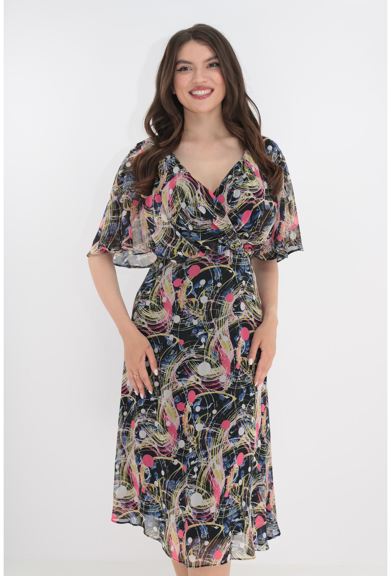 Rochie din voal cu print multicolor si decolteu parte peste parte