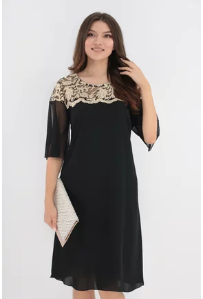 Rochie din voal negru cu broderie florala crem