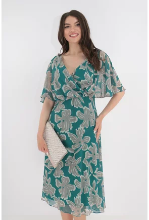 Rochie din voal verde cu print floral si decolteu parte peste parte