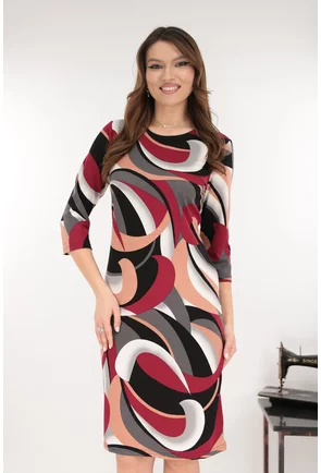 Rochie dreapta bej cu print abstract gri-bordo