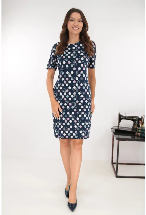 Rochie dreapta bleumarin cu buline albe si roz