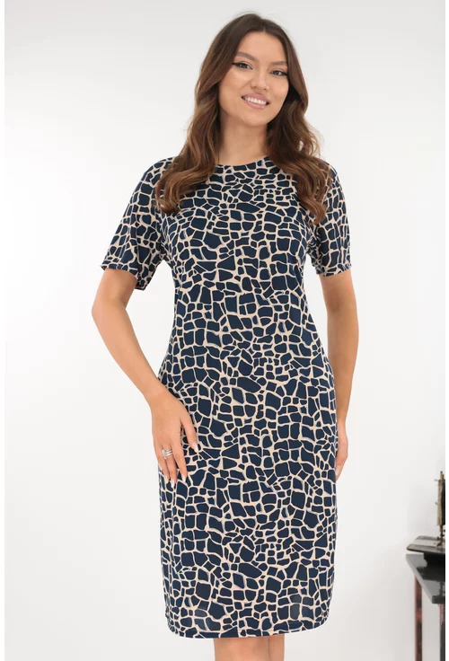 Rochie dreapta bleumarin cu imprimeu abstract bej