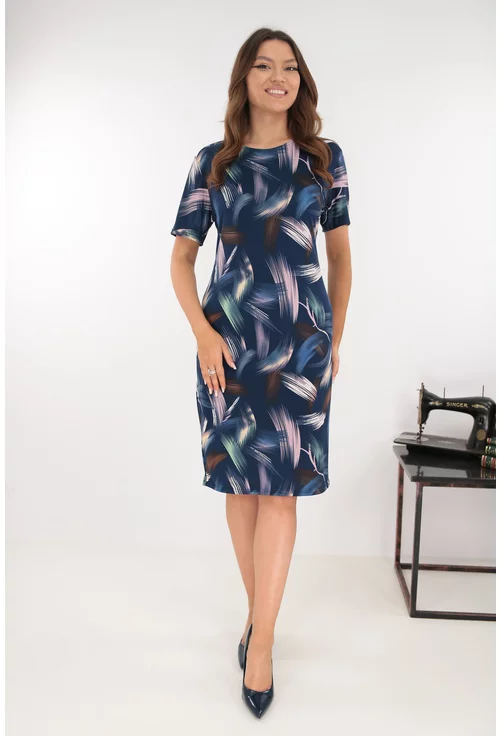 Rochie dreapta bleumarin cu imprimeu abstract lila-vernil