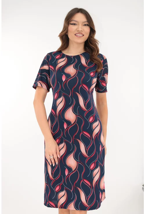 Rochie dreapta bleumarin cu imprimeu abstract rosu
