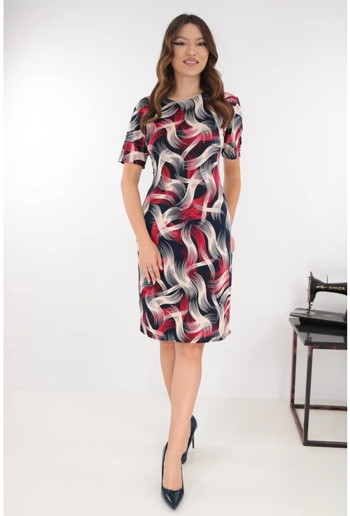 Rochie dreapta bleumarin cu imprimeu abstract rosu-bej