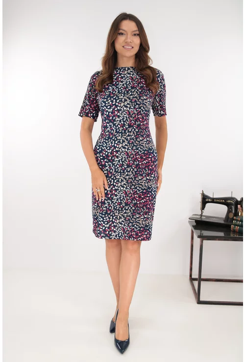 Rochie dreapta bleumarin cu imprimeu floral alb-roz