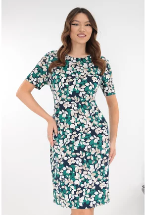 Rochie dreapta bleumarin cu imprimeu floral alb-verde