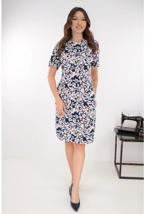 Rochie dreapta bleumarin cu imprimeu floral roz-bleu