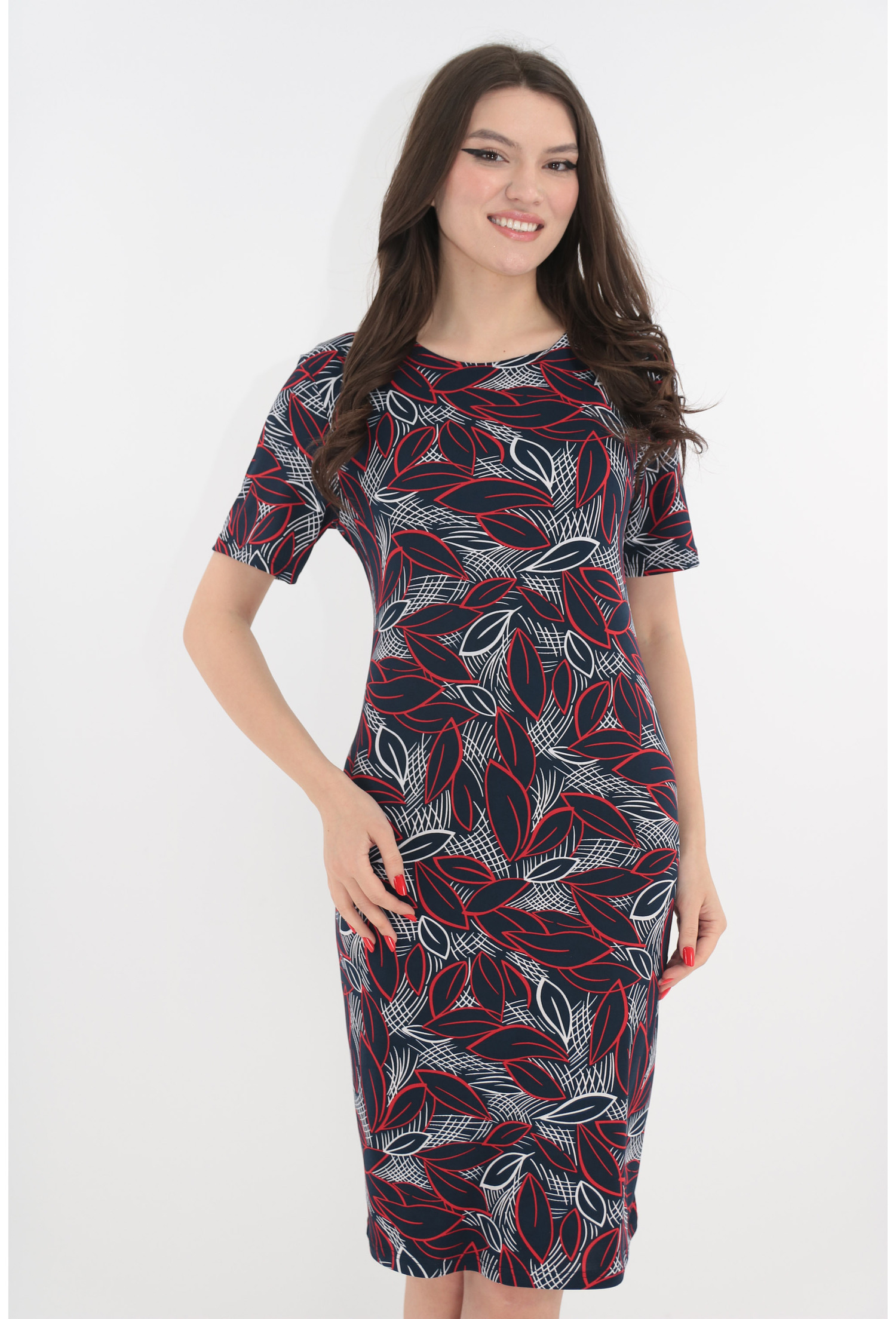 Rochie dreapta bleumarin cu print floral rosu-alb