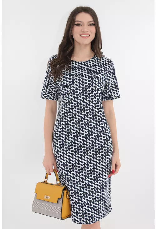 Rochie dreapta bleumarin cu print geometric alb