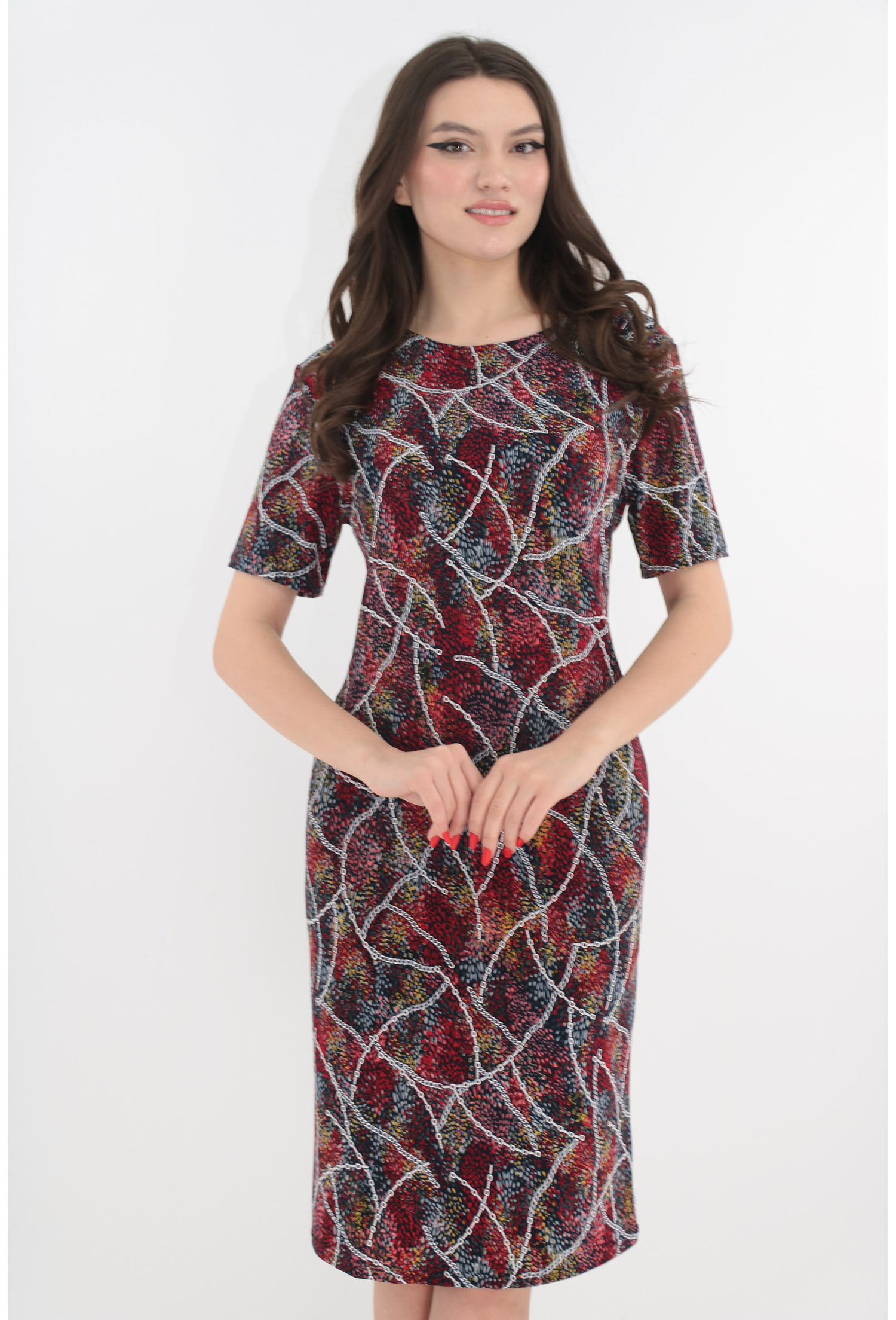 Rochie office dreapta cu imprimeu abstract multicolor