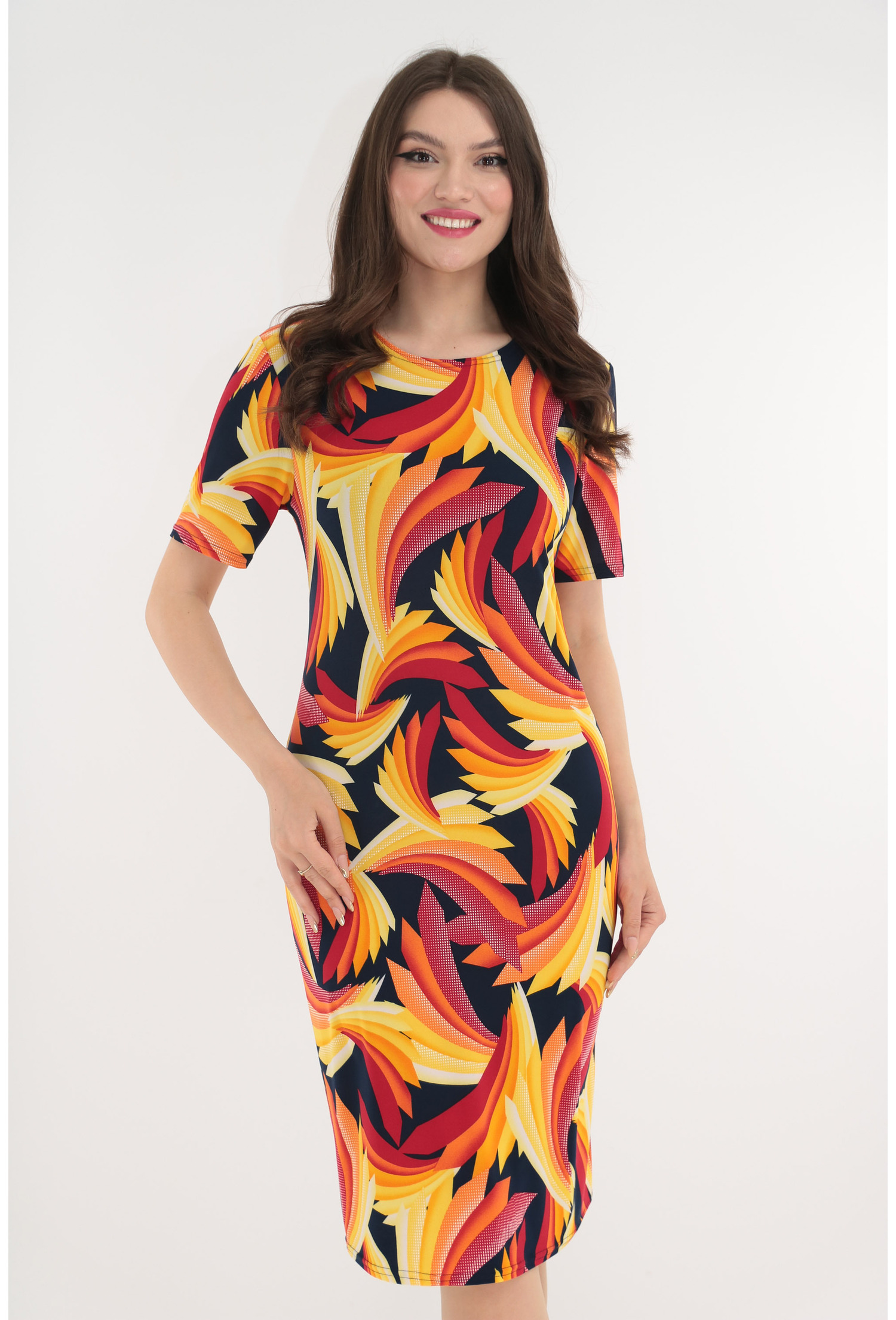 Rochie dreapta cu print abstract galben-orange