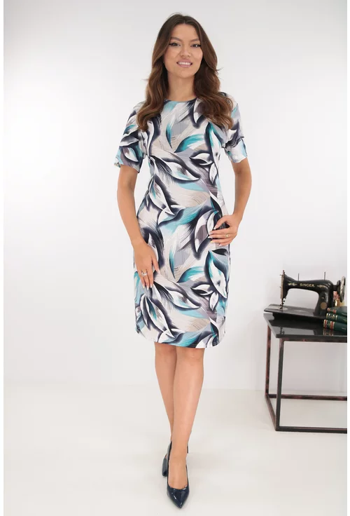 Rochie dreapta gri cu imprimeu abstract alb-turcoaz