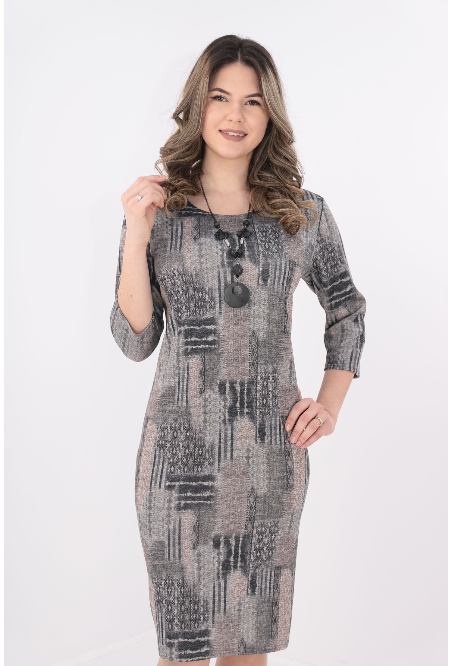 Rochie dreapta gri cu imprimeu abstract bej