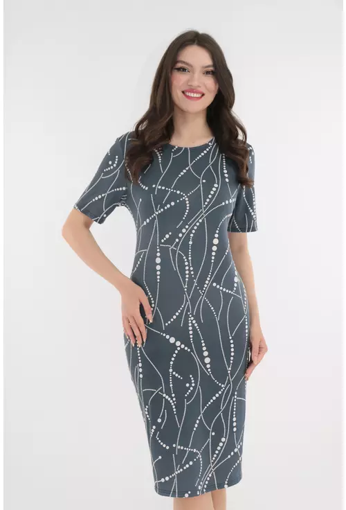 Rochie dreapta gri cu print abstract alb 3D