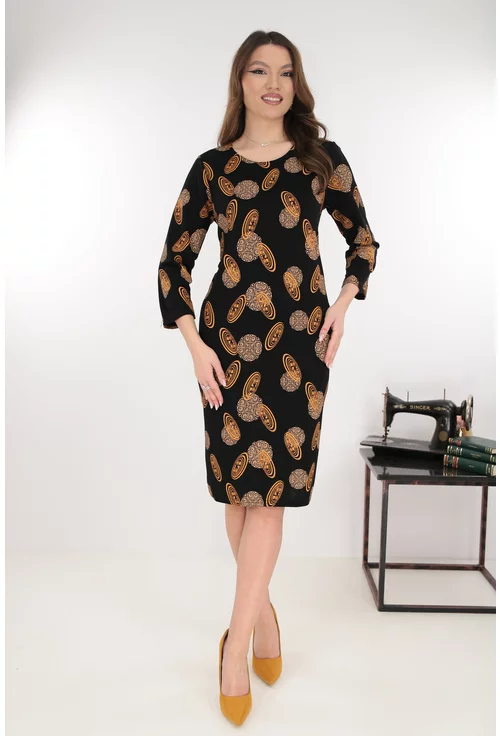 Rochie dreapta neagra cu imprimeu abstract bej