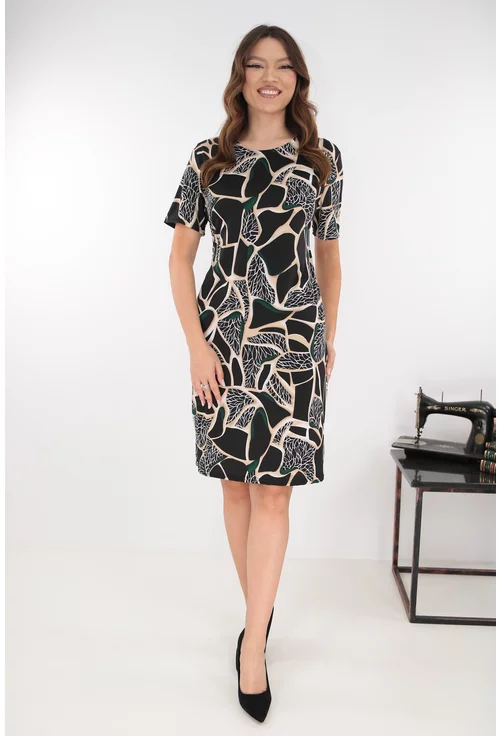 Rochie dreapta neagra cu imprimeu abstract verde-bej