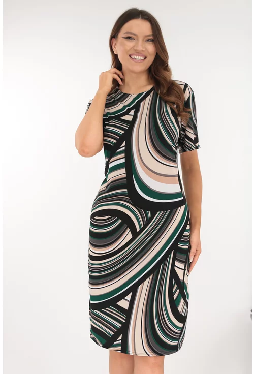 Rochie dreapta neagra cu imprimeu geometric verde-bej