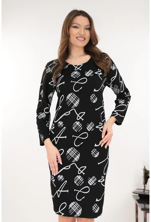 Rochie dreapta neagra cu print abstract gri