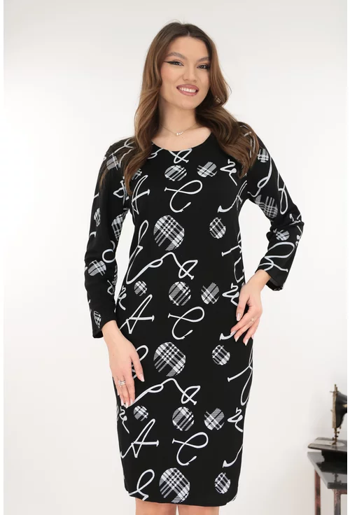 Rochie dreapta neagra cu print abstract gri