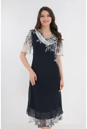 Rochie eleganta bleumarin cu bordura florala alb-gri