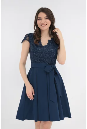 Rochie eleganta bleumarin cu broderie si cordon in talie