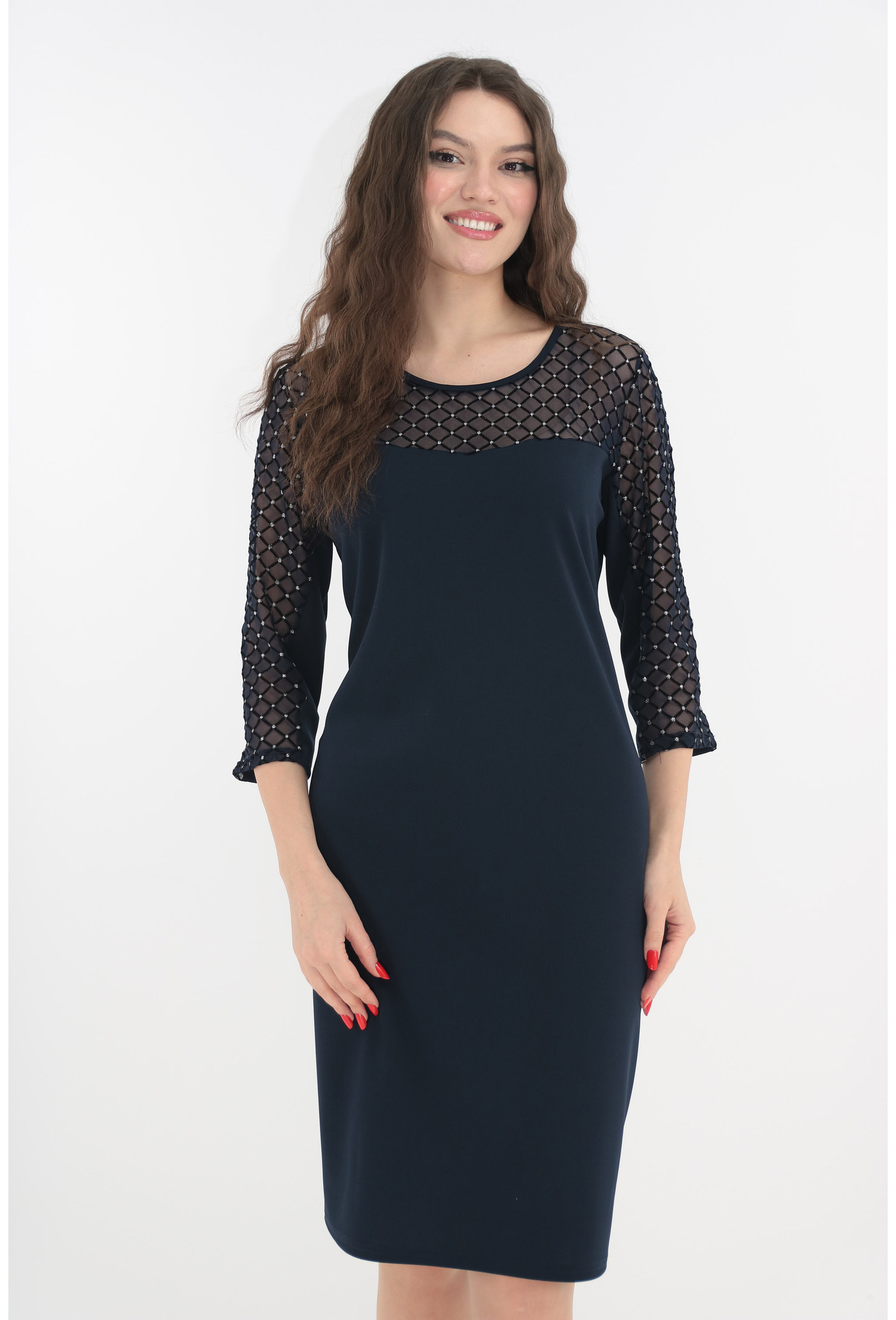 Rochie eleganta bleumarin cu insertii de tull si glitter